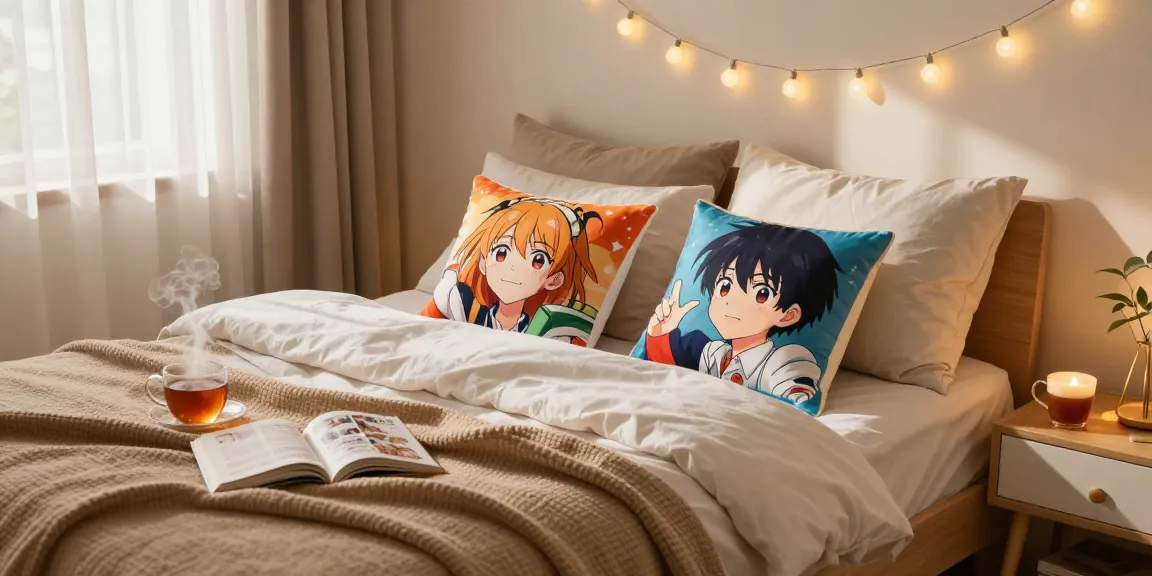Custom body pillow designs brightening a cozy bedroom atmosphere with anime artwork.