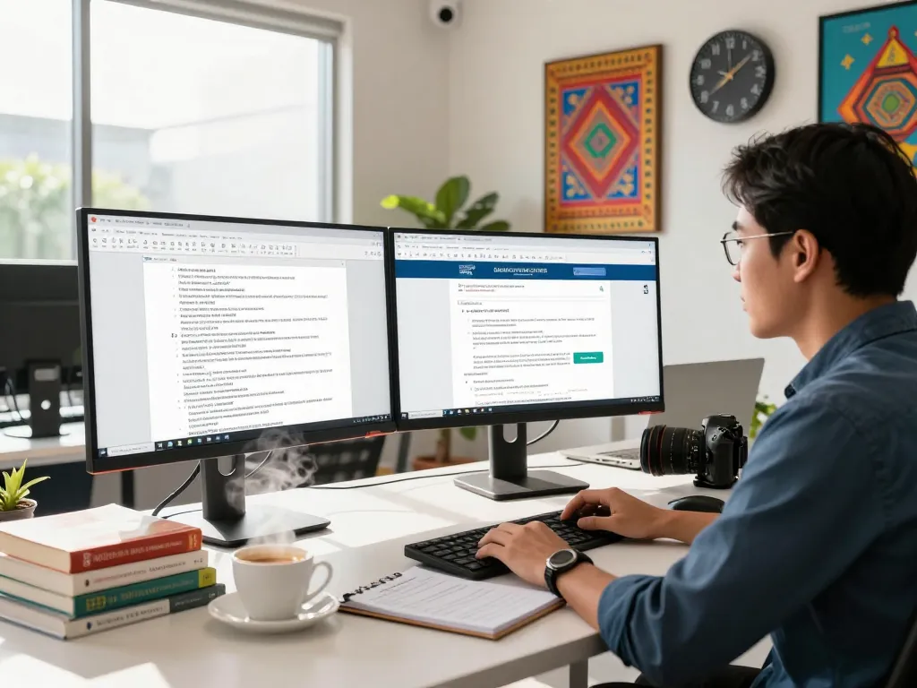 Translation Services in Chiang Mai office with translator working on dual monitors, showcasing professional environment.