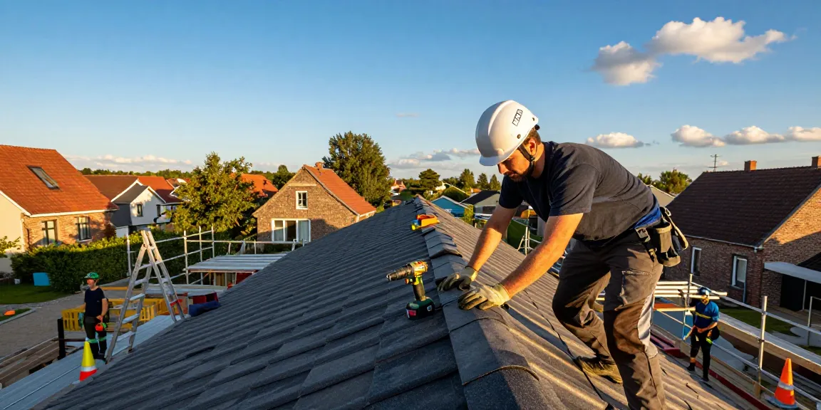 Expert roofer at work on a residential roof in Seraing, highlighting entreprise de toiture à seraing services.