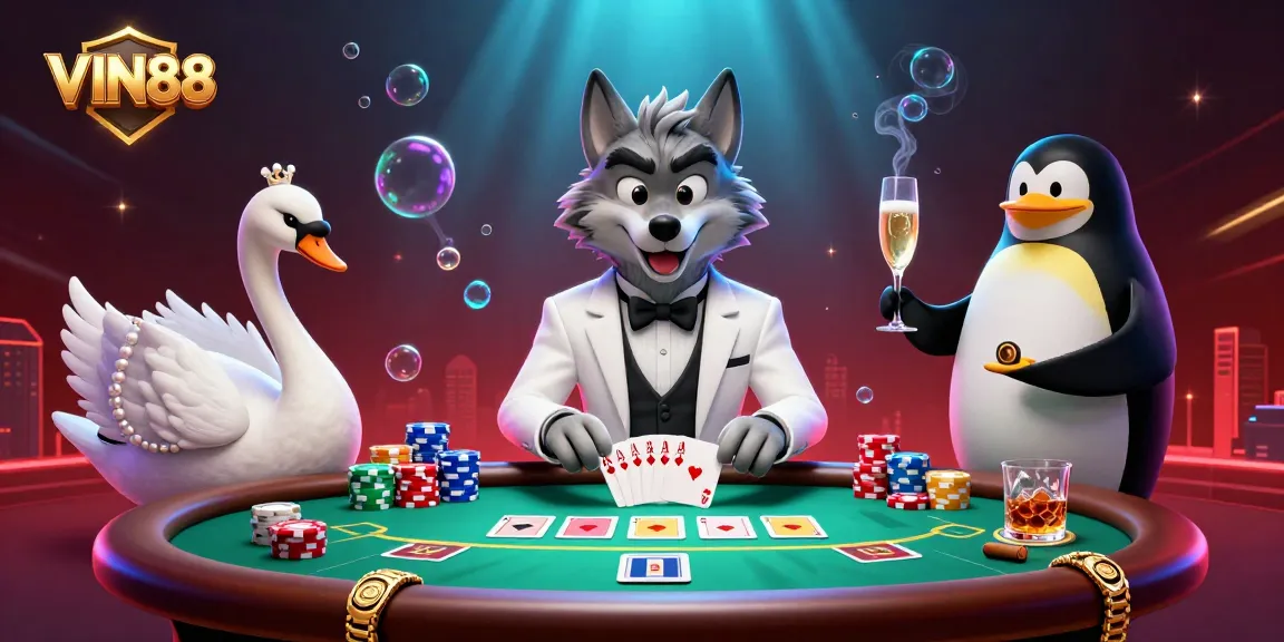 Experience excitement at VIN88's exciting baccarat table with unique characters and vibrant casino elements.