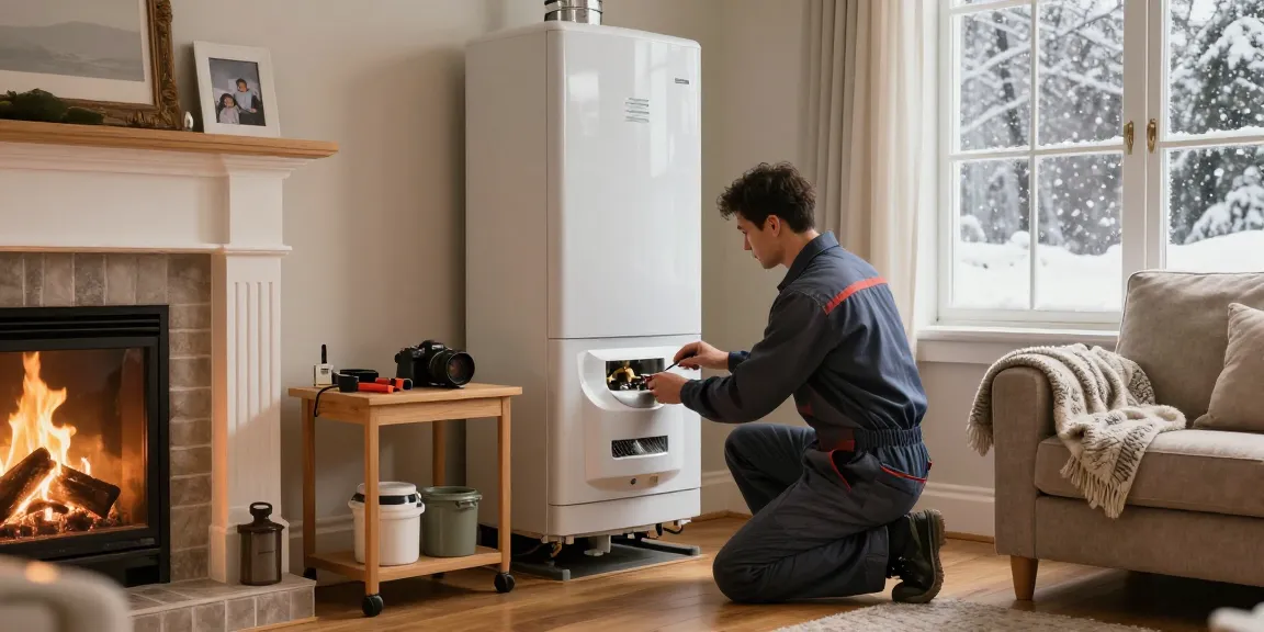 Expert technician performing van kombi servisi in a cozy home environment during winter.