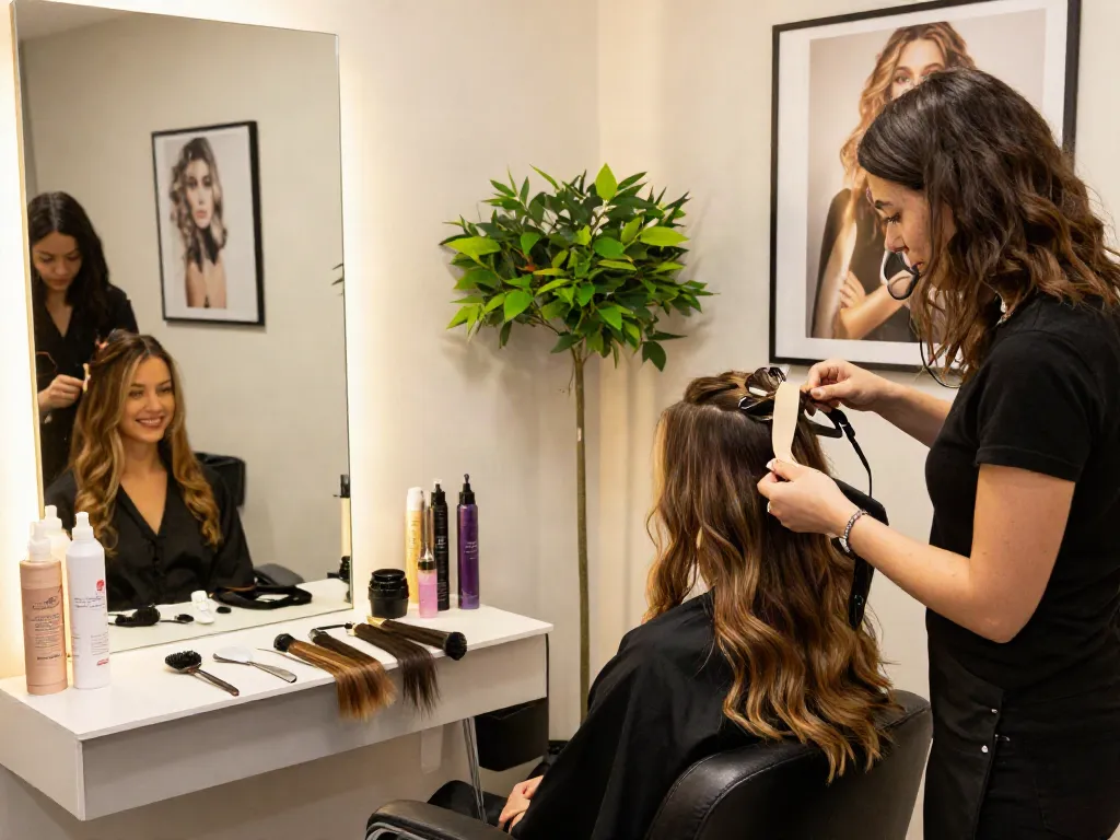 Applying invisible tape in hair extensions on a client's hair in a stylish beauty studio.