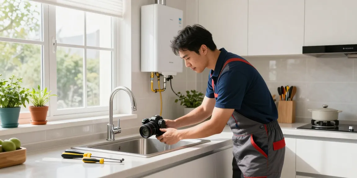 Electrician in Singapore installing water heater in a modern kitchen for reliable plumbing service.