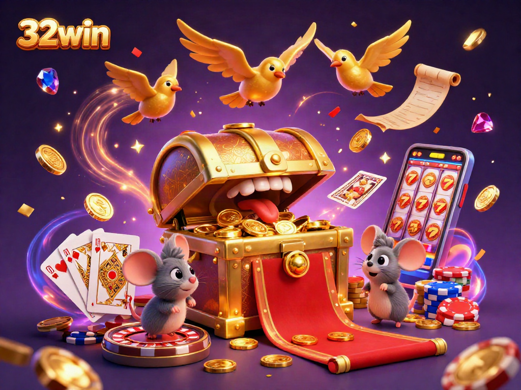Experience excitement with 32win as adventurer mice discover golden treasures amidst gambling riches and vibrant casino elements.