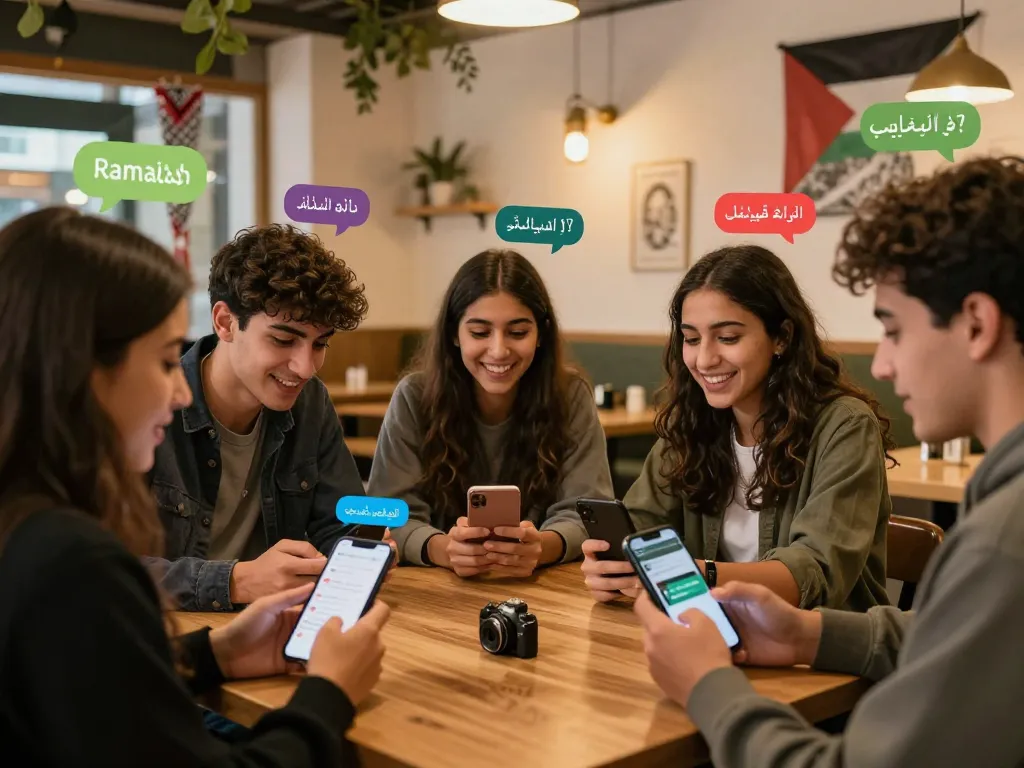 Engaging دردشة فلسطين scene with Palestinian youth using a mobile chat app, showcasing cultural connections in a warm café.
