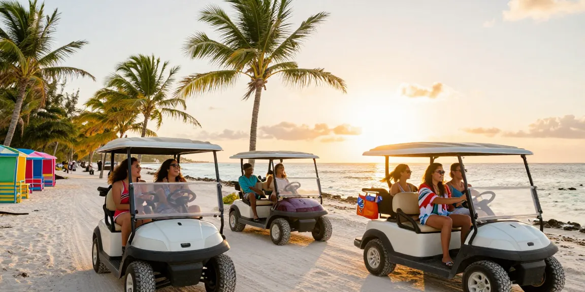 Group enjoying Ambergris Caye golf cart rental driving along the beach during sunset.
