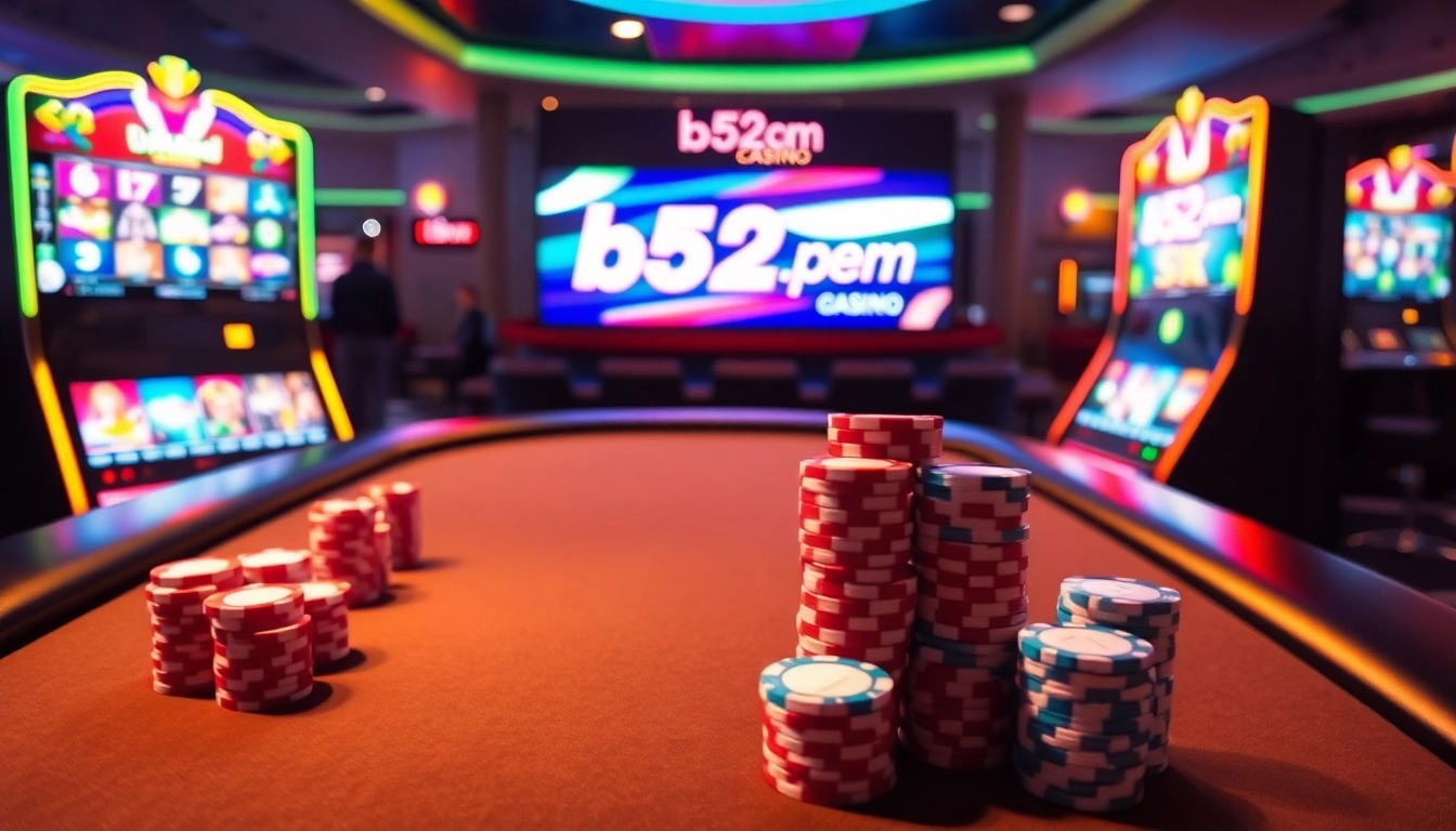 Experience thrilling action at https://b52pm.com/ with a vibrant online casino scene featuring poker tables and slot machines.