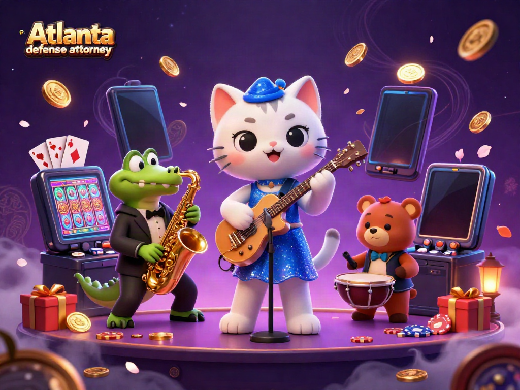 Atlanta defense attorney characters delighting in a vibrant casino scene filled with slot games and poker elements.