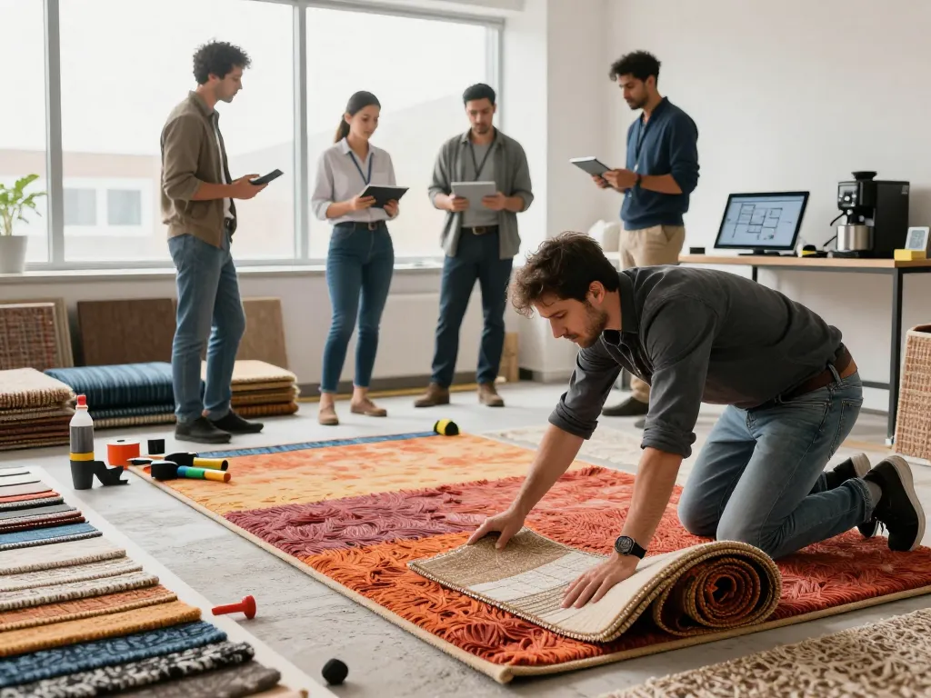 Commercial carpet installation project in a modern office setting with professionals collaborating on flooring choices.