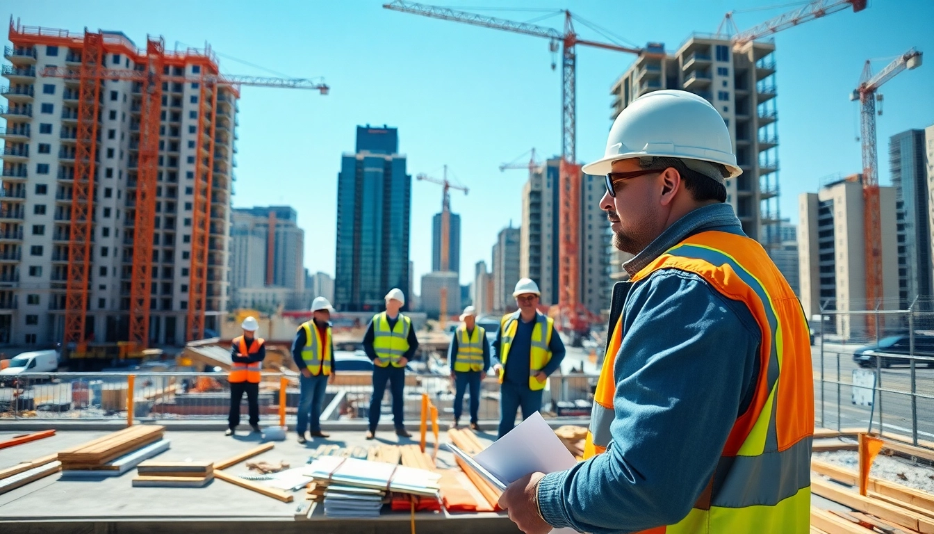 New Jersey General Contractor managing a construction site with active teamwork and urban backdrop.