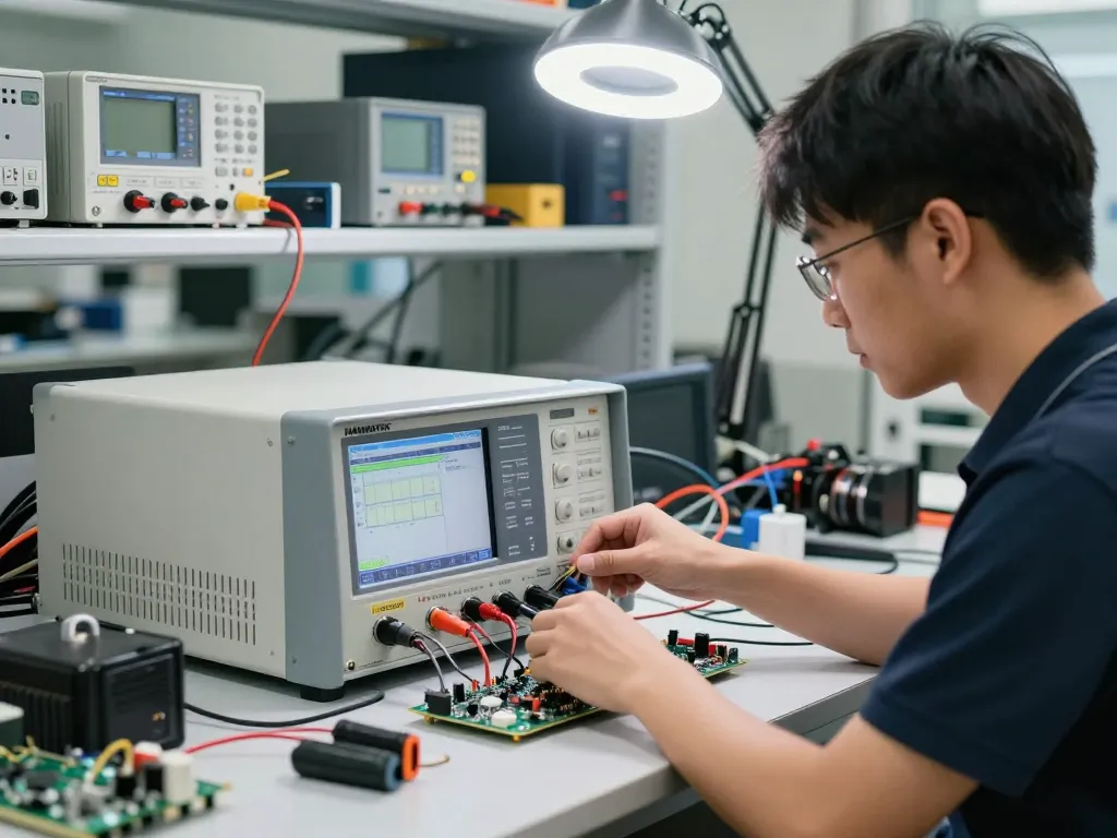 Technician adjusting a HANMATEK® HM310T programmable DC power supply in a modern electronics workshop, showcasing advanced testing and development.
