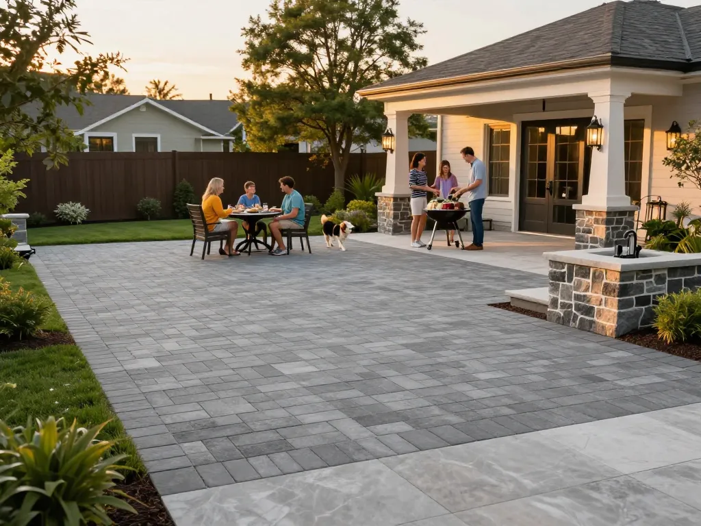 Paver driveway near me with elegant outdoor setting, family enjoying BBQ on stylish patio.