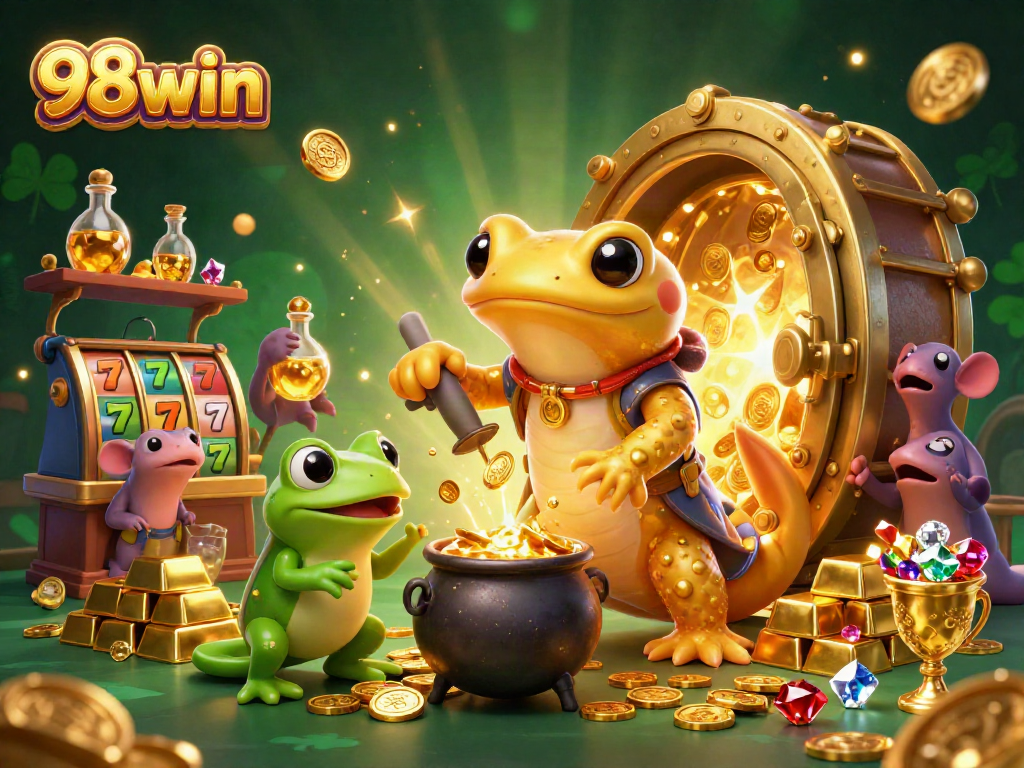 98win reveals a vibrant casino scene with a golden salamander alchemist and slot reels, captivating gamblers.