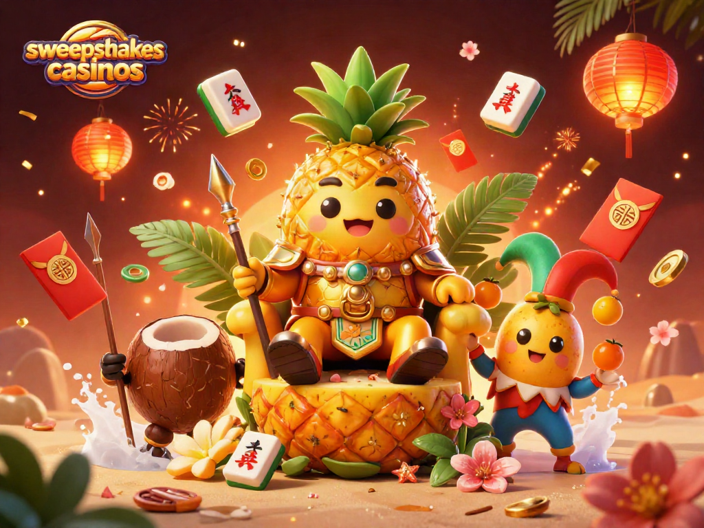 Sweepstakes casinos scene with a golden pineapple king, coconut guards, and a mango jester on a beach.