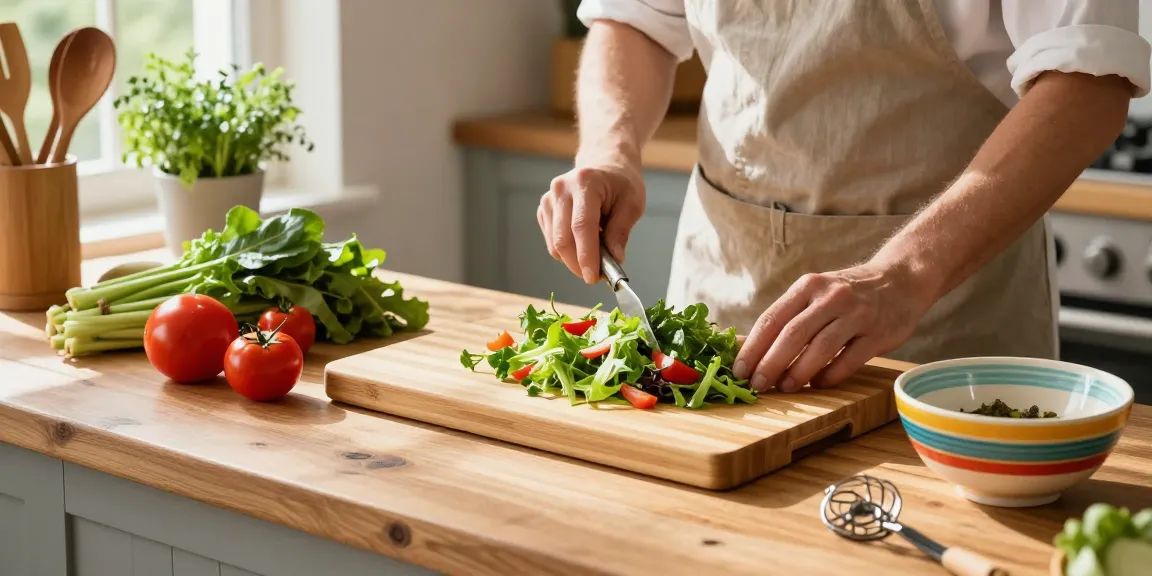 Preparing fresh ingredients on a totally bamboo cutting board in a cozy kitchen.