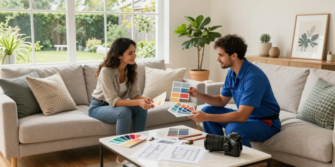 Renovation consultation in a stylish living room with a contractor presenting color palettes.
