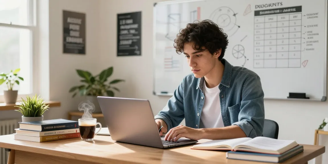 Online study environment with vtuguru.com resources, student focused on laptop in bright home office.