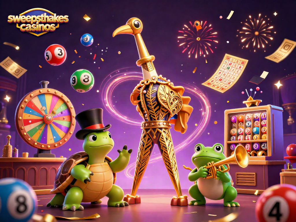 Experience the thrill of sweepstakes casinos with vibrant, dynamic characters engaged in a festive atmosphere.