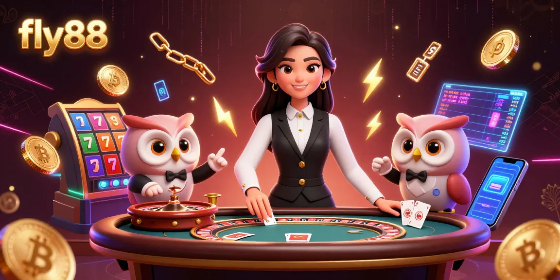 Experience immersive gameplay at fly88 with vibrant illustrations of a baccarat table and digital currencies.