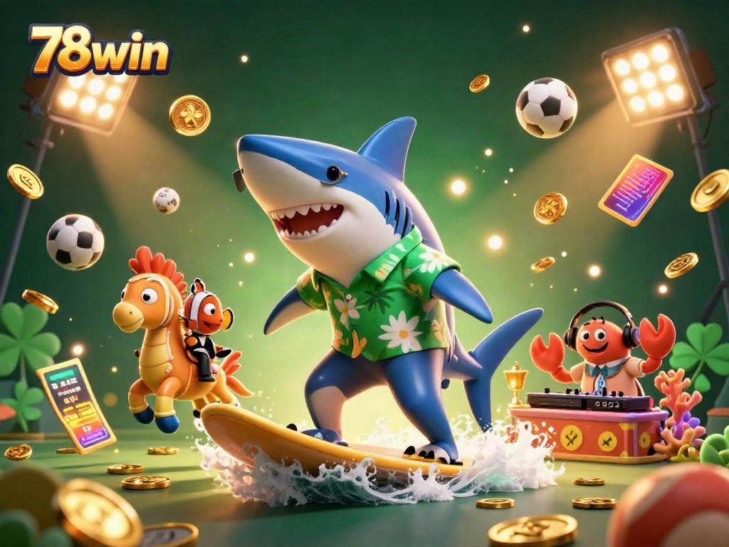 Experience the thrilling world of 78win with a shark, seahorse, and DJ crab amid action-packed gambling elements.