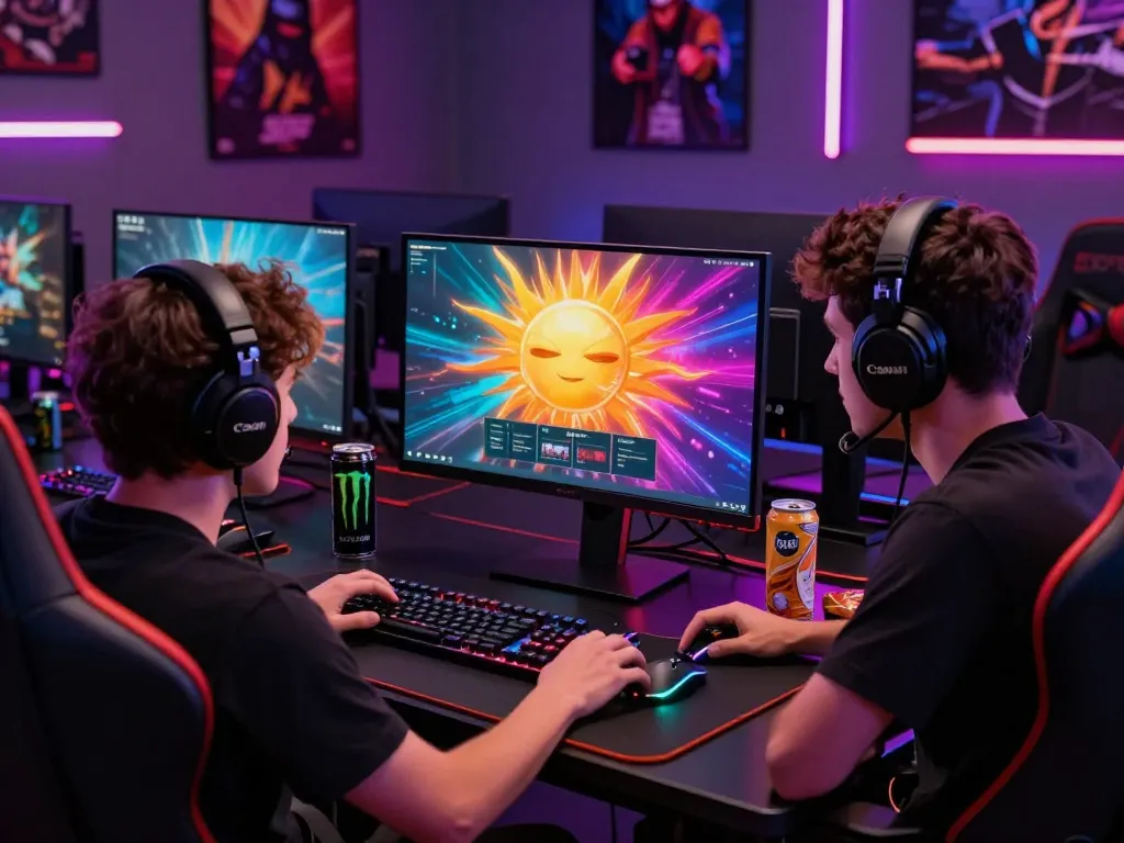 Gamer immersed in the sun win online gaming experience with vibrant setup.