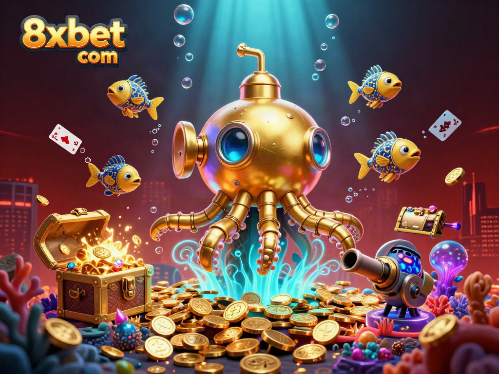 Engage in thrilling gameplay at 8xbet com with a vivid underwater scene full of treasures and mechanical sea creatures.