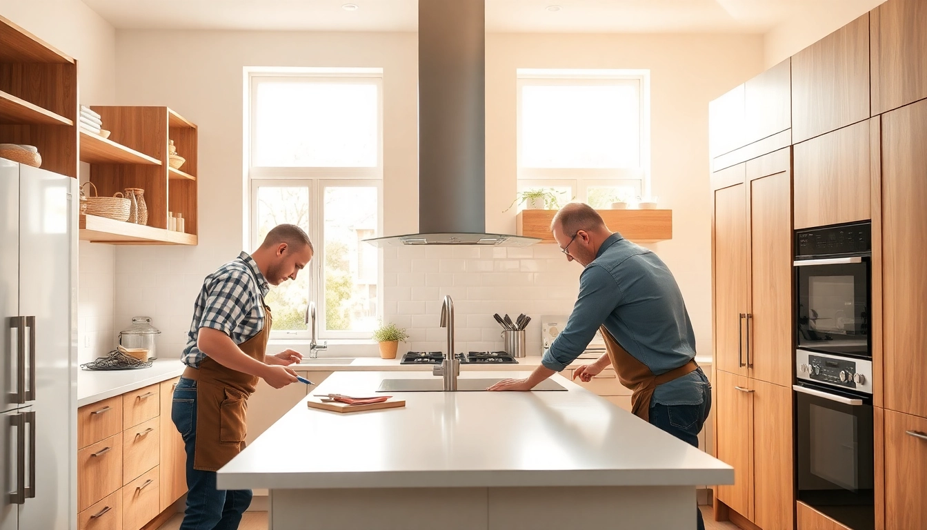 Experienced kitchen fitters near me installing stunning cabinetry in a modern kitchen.