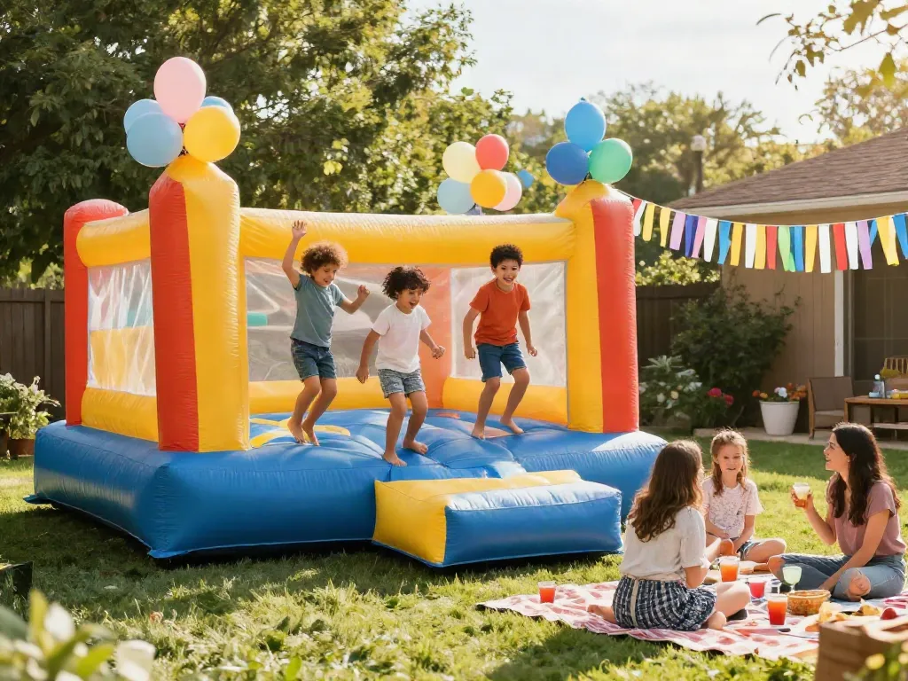 Kids joyfully playing in a vibrant bounce house for sale at a backyard party, surrounded by festive decorations.