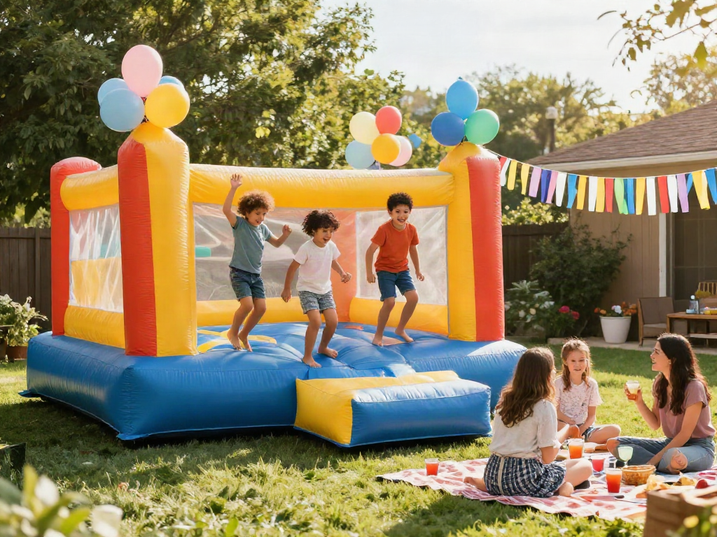 Kids joyfully playing in a vibrant bounce house for sale at a backyard party, surrounded by festive decorations.