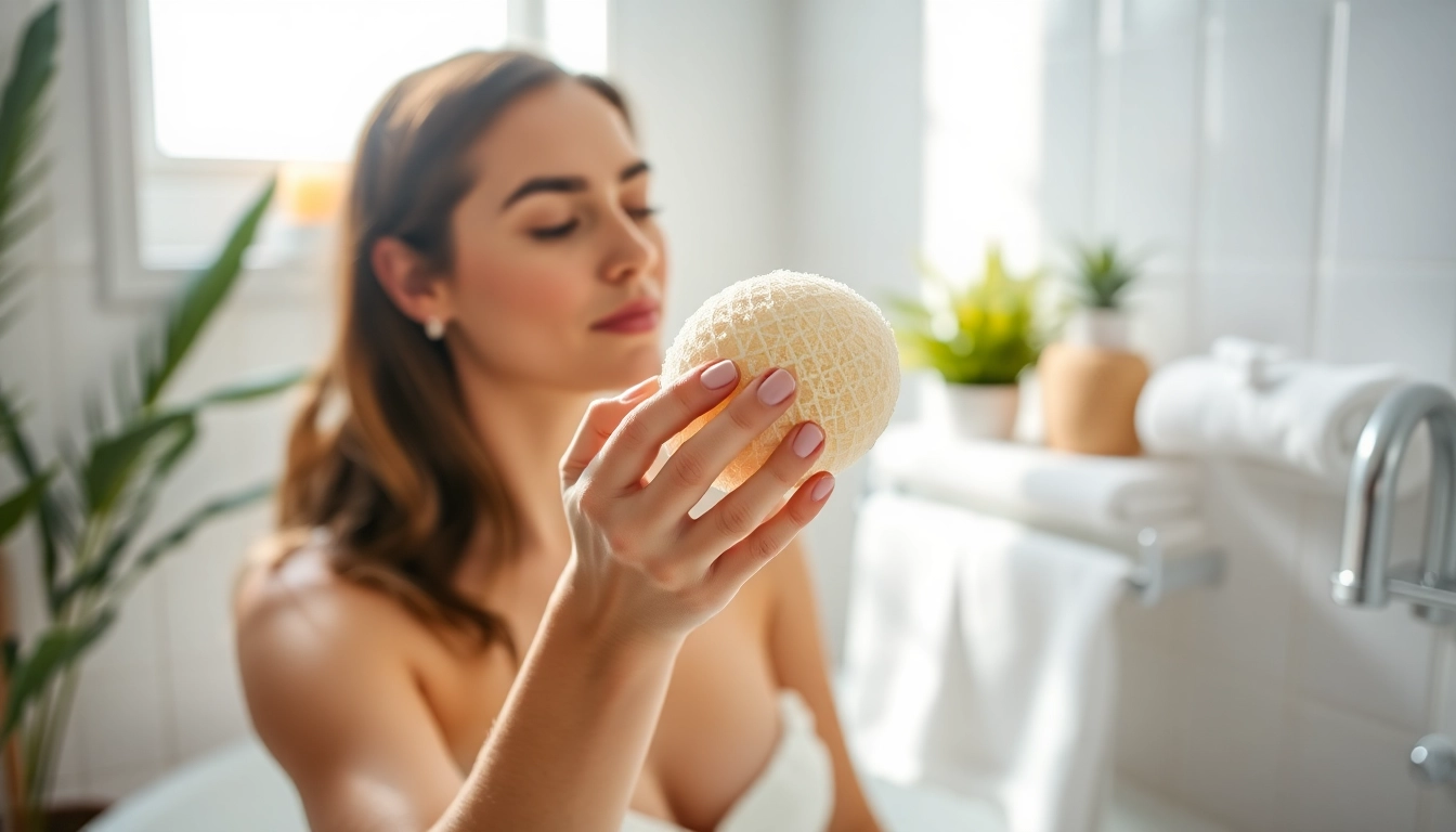Learn how to use raw loofah for skin exfoliation and self-care in a bright bathroom.