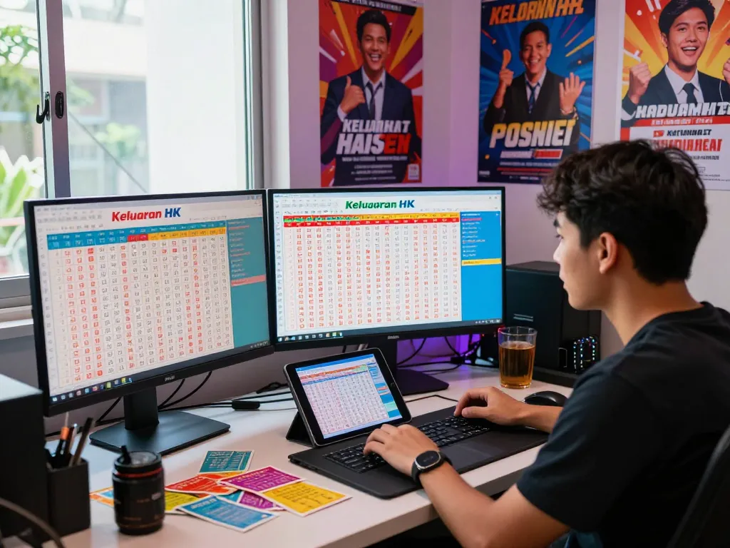 Pembaruan hasil lotere Keluaran HK dengan pemain yang bersemangat memeriksa undian langsung di meja modern dengan tiket berwarna-warni.