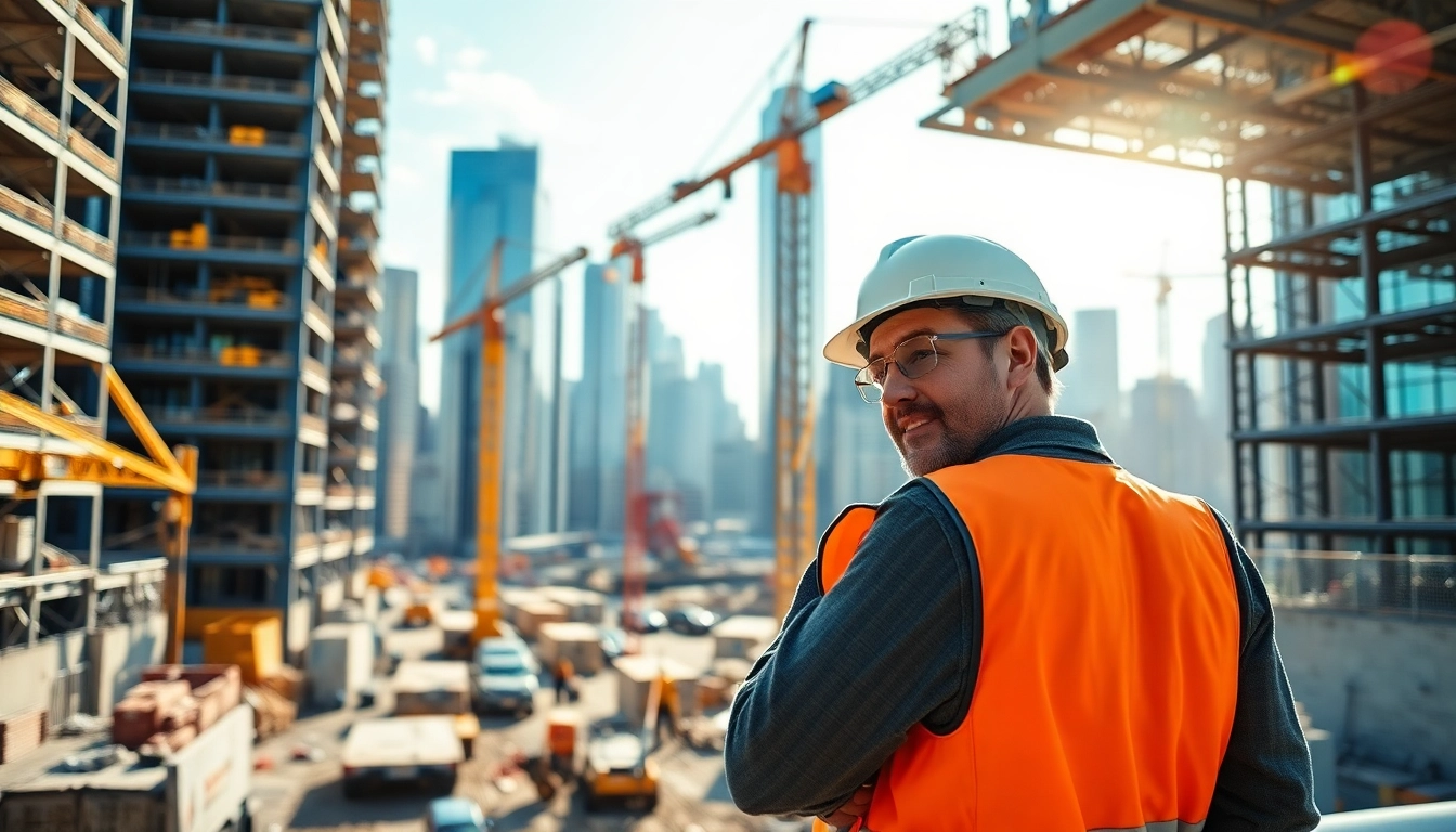 Manhattan Construction Manager supervising a dynamic construction site with cranes and workers.