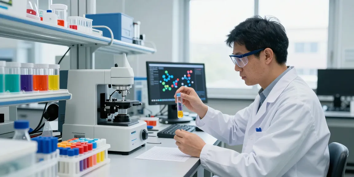 Expert analyzing polymer expandable microspheres in a bright lab, showcasing the science behind polymer materials.