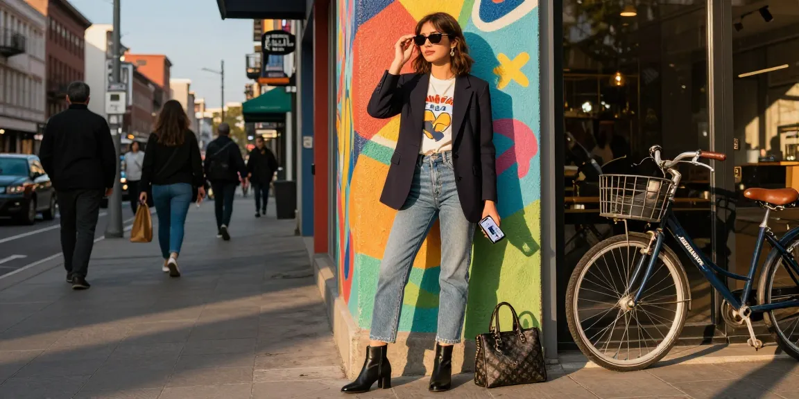 Fashionable woman in urban setting showing stylish outfit against a colorful mural.