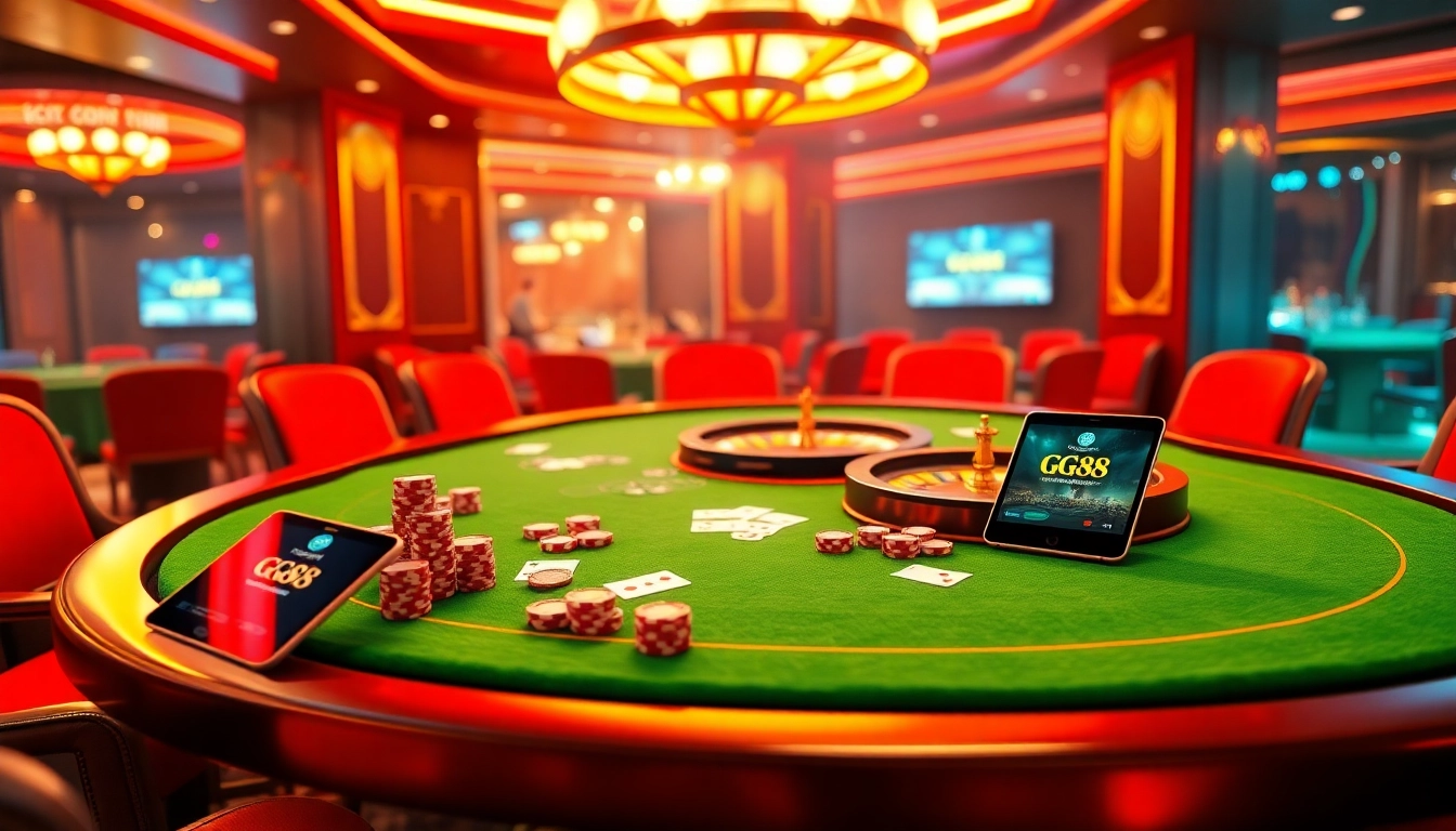 Dynamic gambling scene with GG88 KJC gaming table, vibrant poker chips, and roulette wheel.