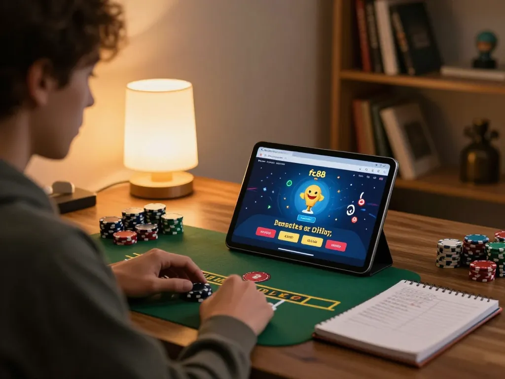 Engaging gaming experience on https://fc88.baby showcasing a player enjoying blackjack on a tablet in a cozy home.