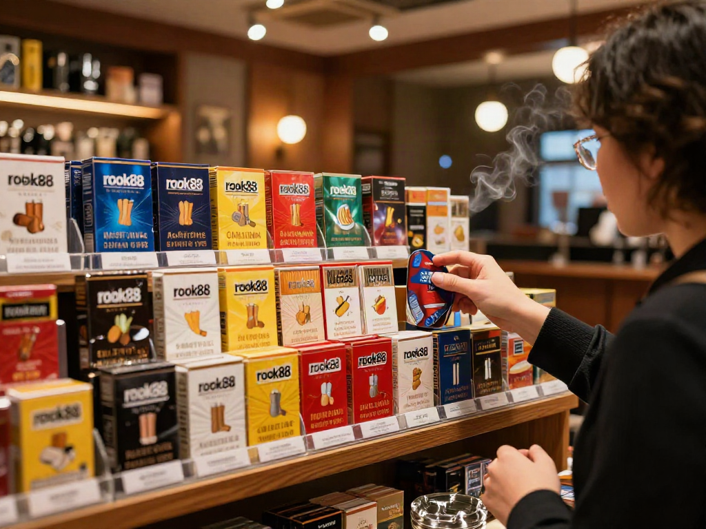 Rokok88 super cigarettes showcased in a welcoming retail setting with warm lighting and lifestyle accessories.