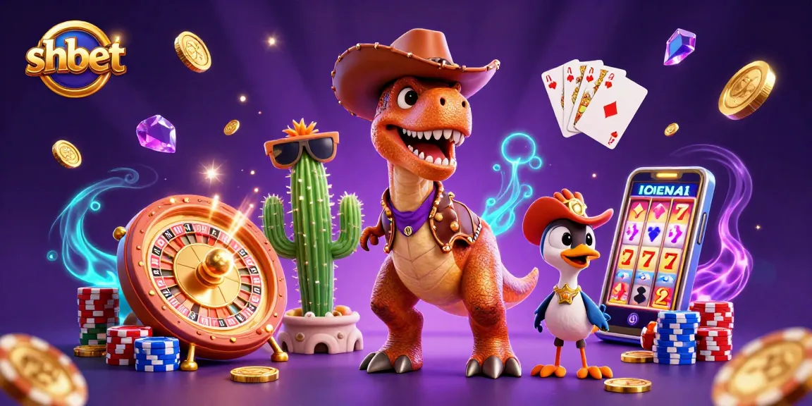 Experience thrilling games at SHBET, featuring a cowboy dinosaur in an exciting casino scene.