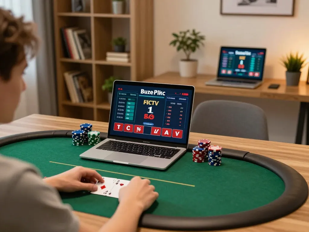 lc88 player strategizing during an online poker game with tablet and laptop in a cozy home setting.