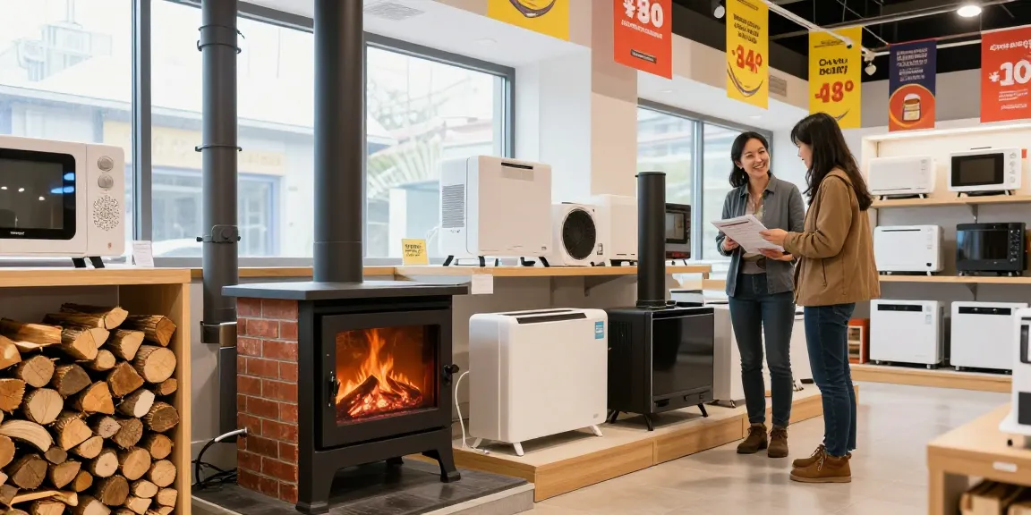 Shopping at izba24.by's heating equipment showroom with wood-burning stoves, electric heaters, and friendly staff.