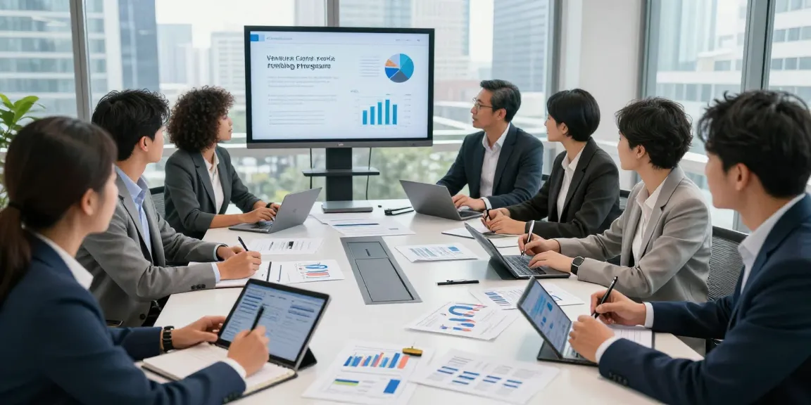 Entrepreneurs collaborating on a venture capital project funding program strategy in a contemporary office setting, showcasing teamwork and innovation.