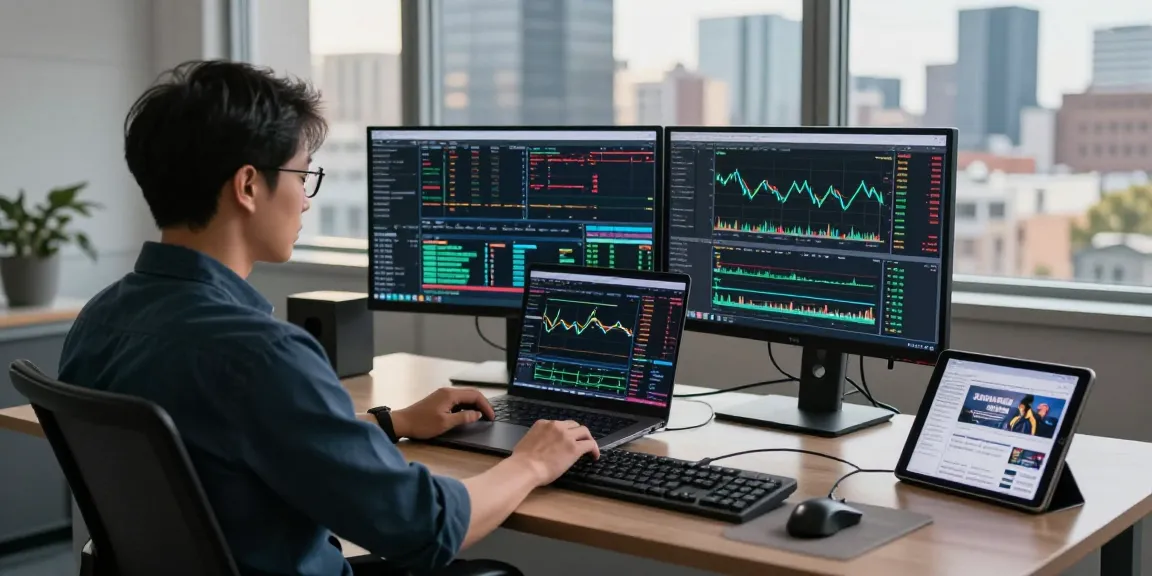 Trading workspace with Chicago VPS optimized for futures trading, featuring multiple monitors and financial analysis