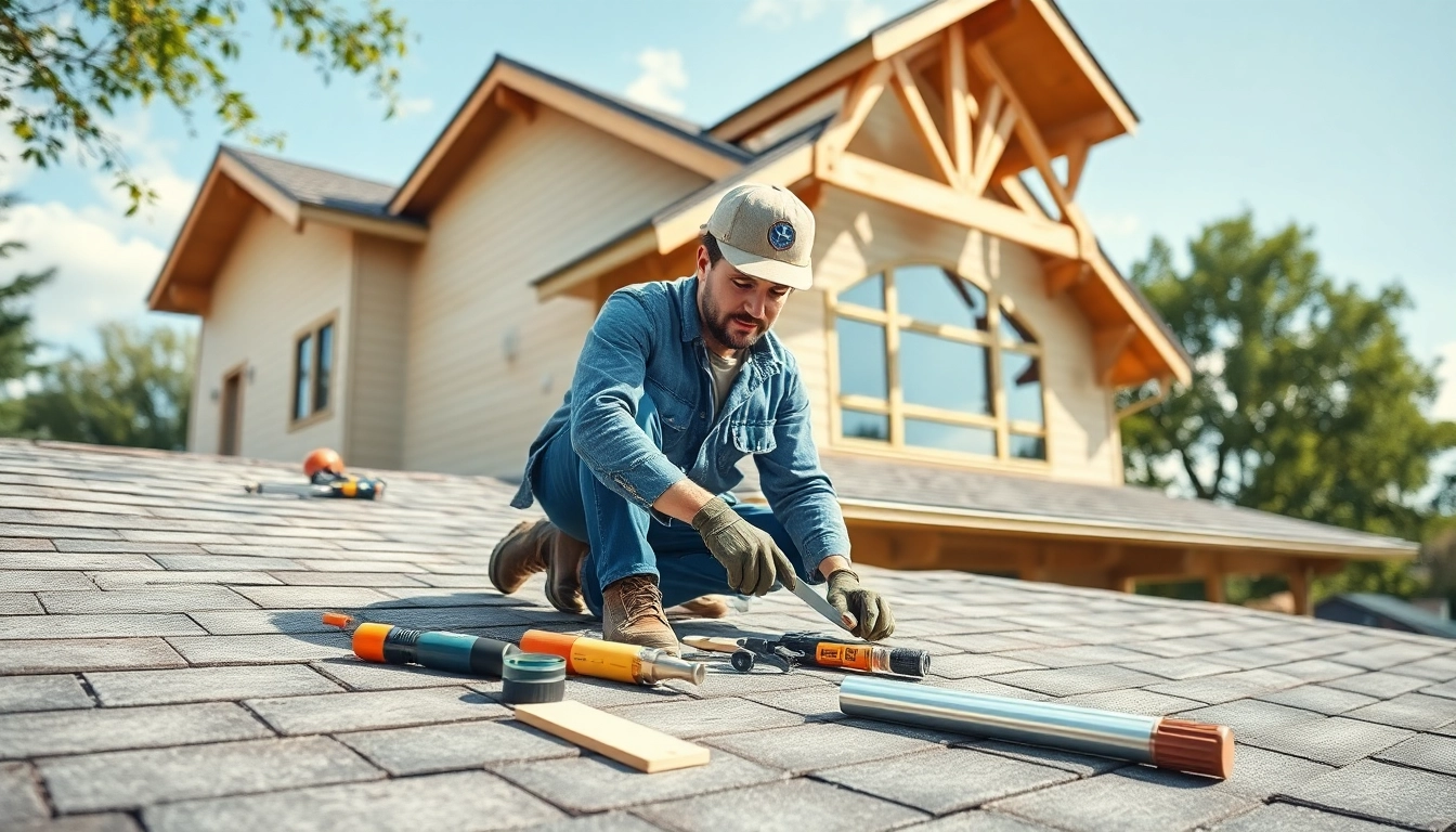 Roofing contractor performing a roof installation on a residential property.