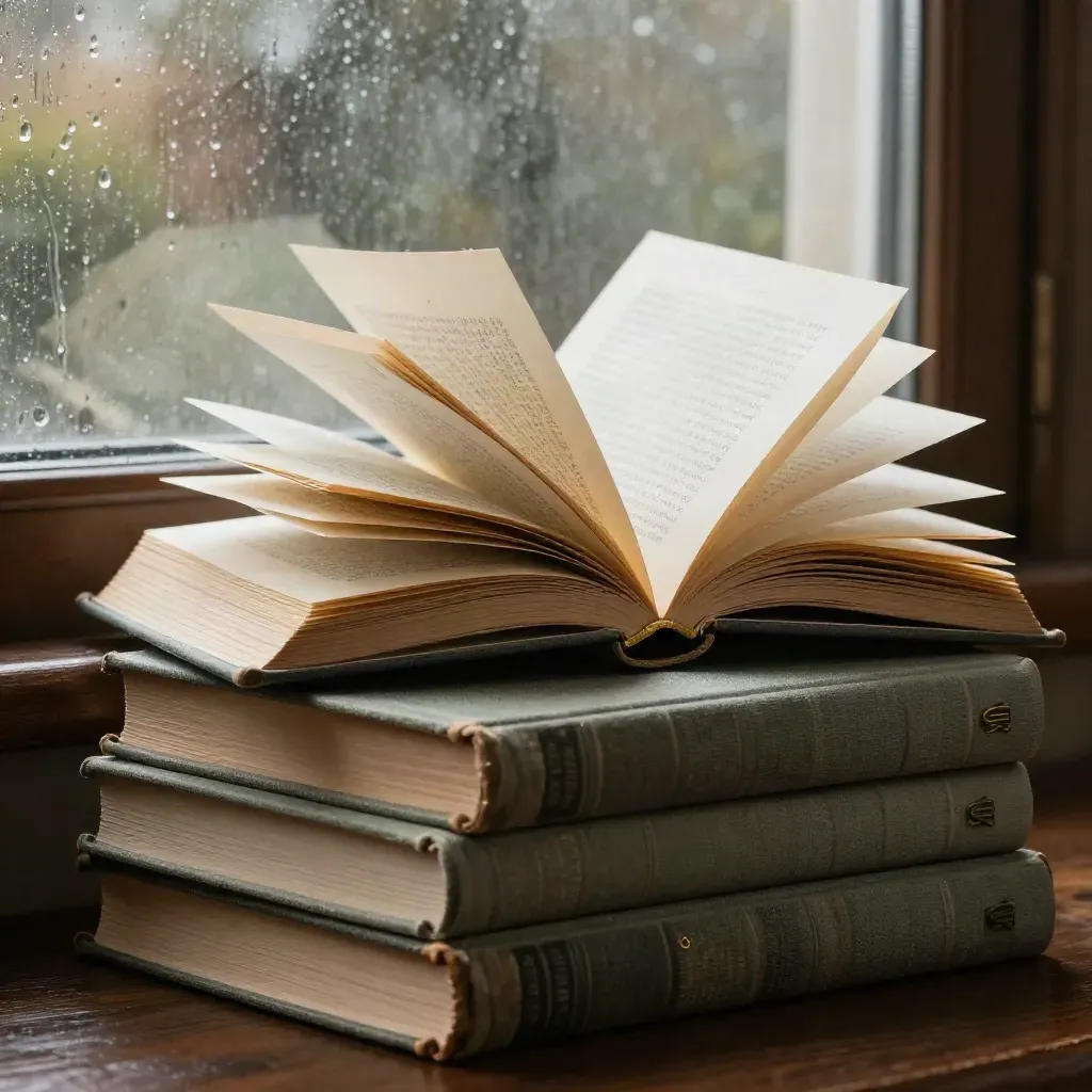 Rainy window still life with clothbound novels, an open book, and a brass bookmark