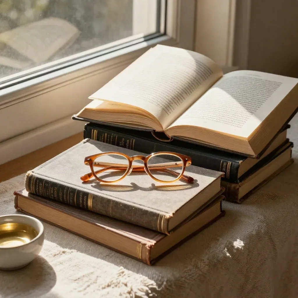 Open literary novels with glasses and a ceramic bowl on a sunlit window seat.