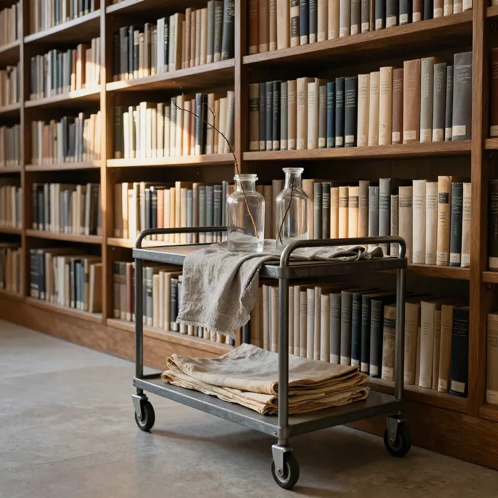Library cart with hardcovers, a branch in glass, and folded cloth in warm shelf light.