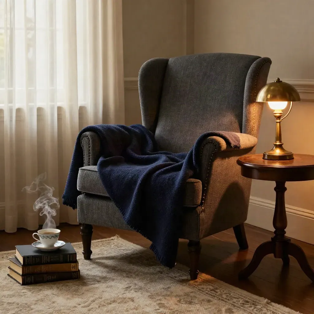 Dimmed reading nook with an empty armchair, navy throw, dark books and steaming tea.