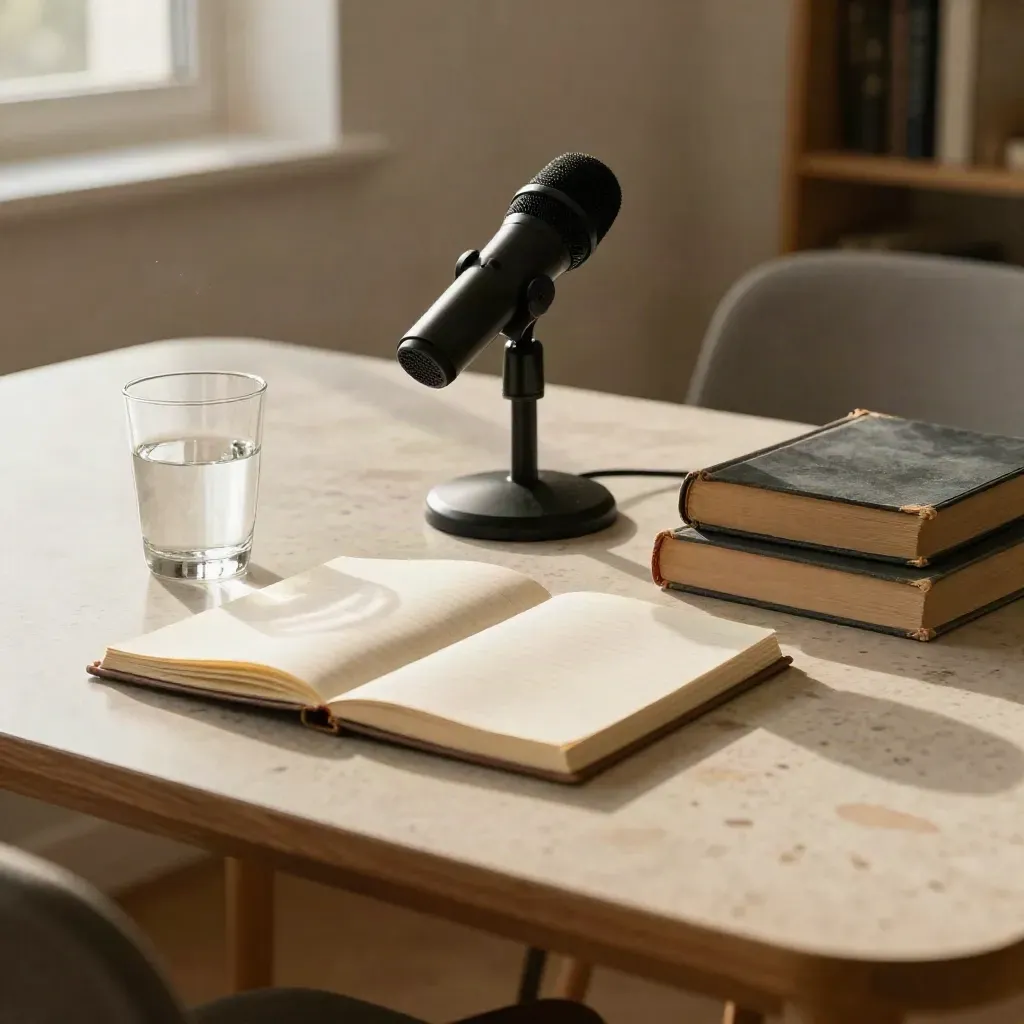 Reset author interview table with microphone, water glass, notebook, and face-down books by a window.