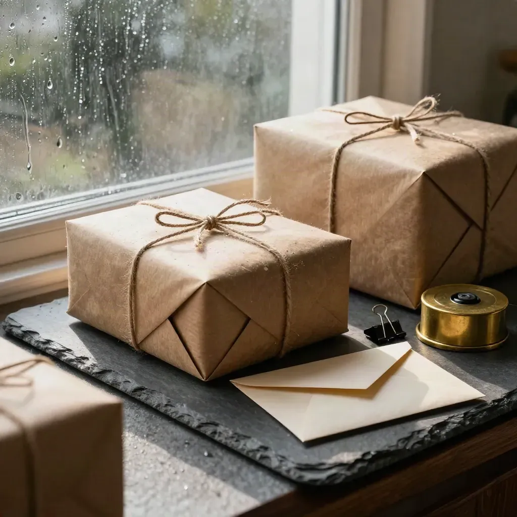 Book parcels drying on a slate counter beside brass stationery in rainy window light.
