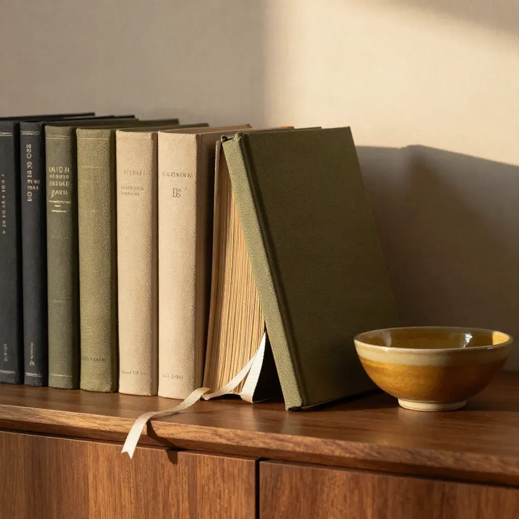 Mixed genre hardbacks on a walnut shelf, one book leaning with a slipping ribbon beside a gold-glazed bowl.